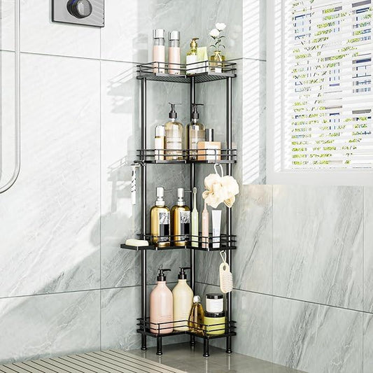 Consumest Corner Shower Caddy Standing - 4-Tier Stainless Steel Shower Organizer with Soap Holder and 4 Hooks, Large Capacity Corner Shelf Stand for Bathroom, Rest Room, Black - ModernBath