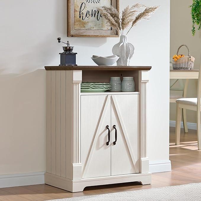 24" Farmhouse Storage Cabinet – Antique White Freestanding Buffet Sideboard with Barn Doors, Adjustable Shelf, Small Coffee Bar for Kitchen, Bathroom & Living Room - ModernBath