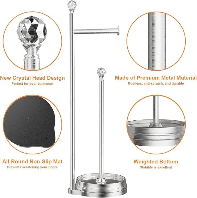 Toilet Paper Holder for Bathroom, Heavy Weighted Metal Free Standing Toilet Paper Holder Stand with Crystal Ball, Toilet Paper Roll Stand for Bathroom Accessories - ModernBath