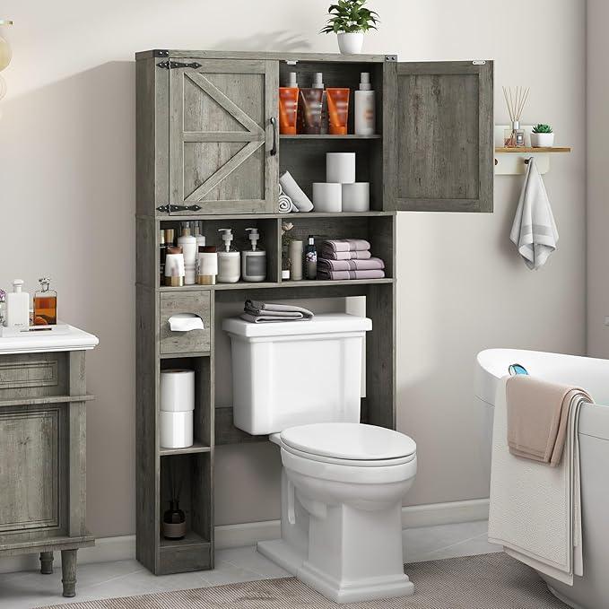 Vabches Over The Toilet Storage Cabinet, Farmhouse Storage Cabinet Over Toilet with 2 Barn Doors & Toilet Paper Holder Stand，Home Space-Saving Toilet Rack, for Laundry, Bathroom, Restroom.Grey Oak - ModernBath