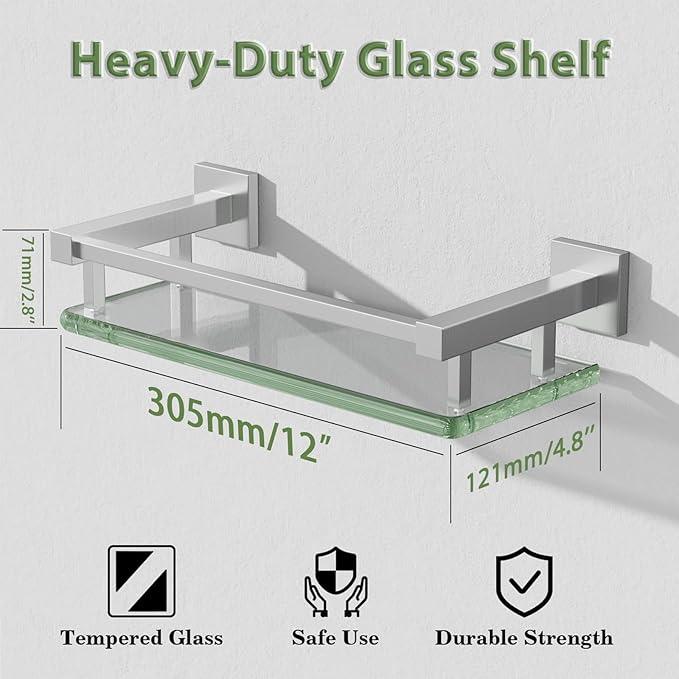 Alise Glass Shelves for Bathroom Wall, Tempered Glass Bathroom Shelf Wall Mounted, Modern Space Saving Floating Shelves 12 inch, Brushed Nickel - ModernBath