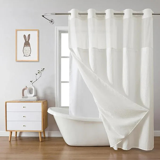 eachope Cream Long No Hook Waffle Weave Shower Curtain with snap-in Liner Replacement, 230GSM Waterproof Fabric Hotel Shower Curtain Set for Bathroom, Through Mesh Top Window,71Wx80H - ModernBath