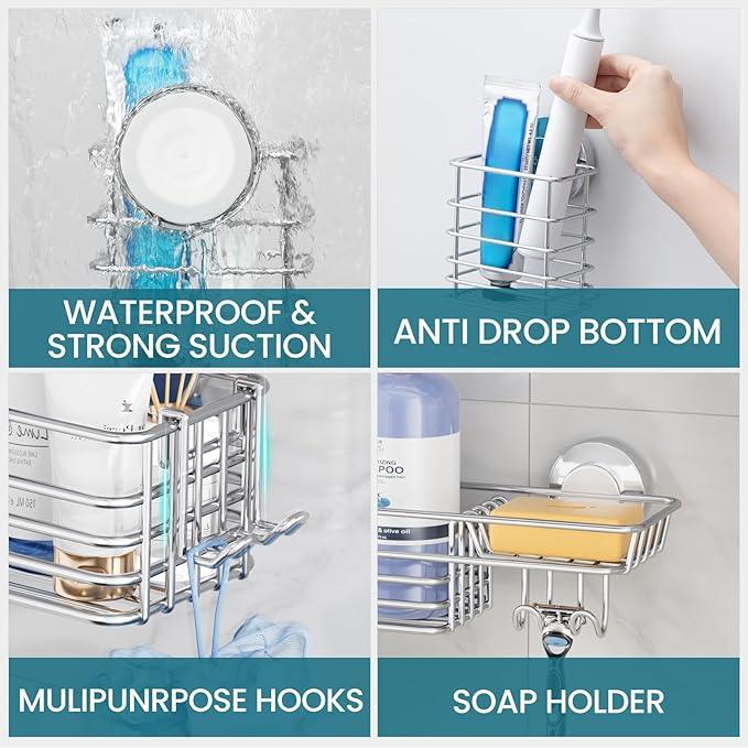 TAILI Shower Caddy Suction Cup, 3 Pack Shelves for Inside with Hooks & Soap Holder Toothbrush Cups, Removable Bathroom Organizer, Rustproof Silver Storage-Silver - ModernBath