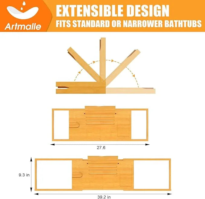 Artmalle Bathtub Caddy Tray for Tub, Expandable Bamboo Bath Table Tray with Book Stand for Home Spa Relaxing, Foldable Minimalist Bathroom Accessories for Women Men (Simple, Natural) (Natural) - ModernBath