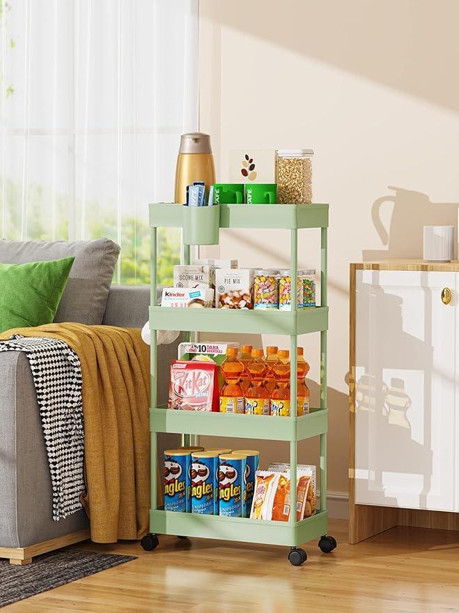 LEHOM Slim Rolling Storage Cart - 4 Tiers Bathroom Organizer Utility Cart Slide Out Storage Shelves Mobile Shelving Unit for Kitchen, Bedroom, Office, Laundry Room, Small Narrow Spaces（7.1" W+Green） - ModernBath