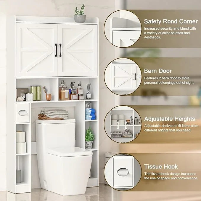 Over The Toilet Storage Cabinet, Farmhouse Toilet Cabinet Rack with Barn Doors, Space Saving Bathroom Organizer with Shelves, Toilet Paper Holder and Towel Rack for Bathroom,Restroom,Laundry（White） - ModernBath