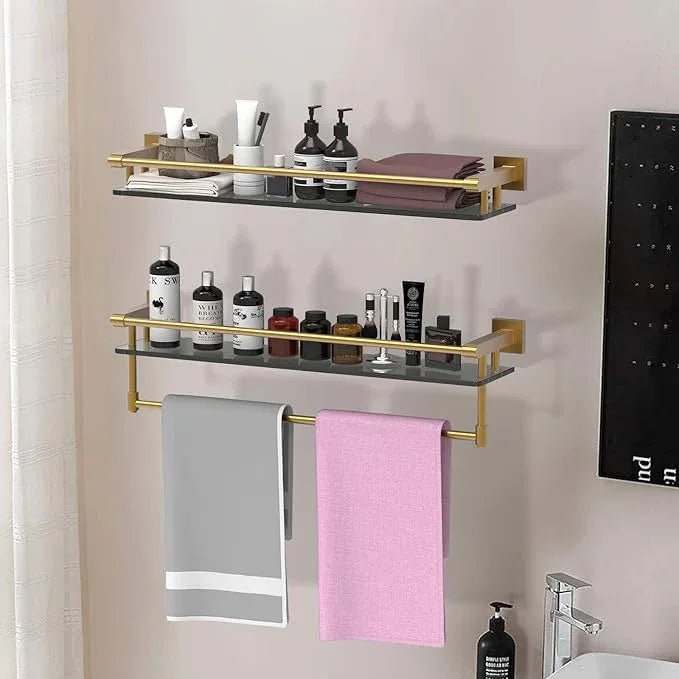 Glass Shelf for Bathroom 24 inch Rectangular Stainless Steel Wall Sheves Tempered Glass Modern Stainless Steel Wall Mount Accessories Organizers Storage (Brushed Gold) - ModernBath