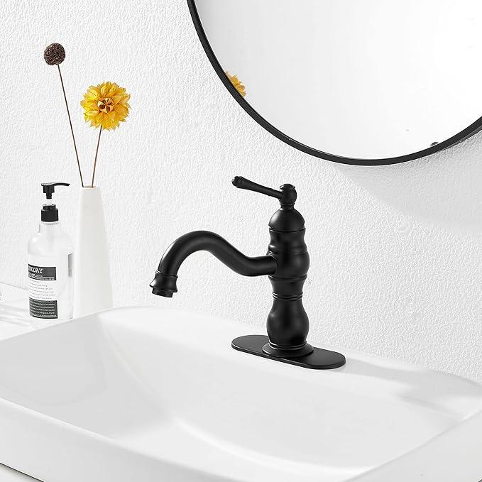 Matte Black Bathroom Faucet GGStudy 360° Swivel Bathroom Vanity Faucet Single Handle One Hole Black Bathroom Sink Faucet Basin Matching Pop Up Drain with Overflow - ModernBath