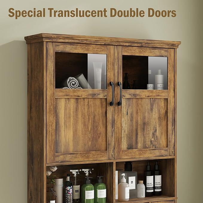 Vabches Over The Toilet Storage Cabinet With Double Doors & Paper Holder Stand, Freestanding Shelf Space Saver With Anti-Tip Design & Adjustable Shelf, Brown - ModernBath
