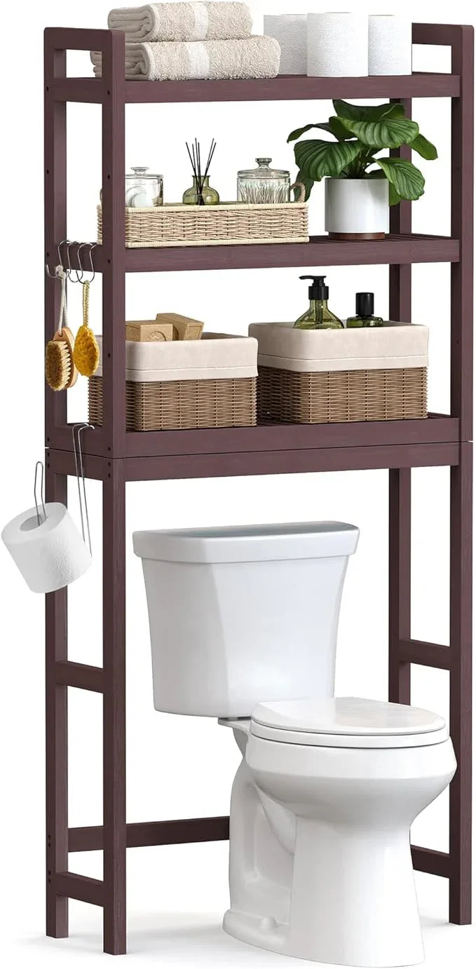 SONGMICS Over The Toilet Storage, 3-Tier Over Toilet Bathroom Organizer with Adjustable Shelf, 10.2 x 24.8 x 66.9 Inches, Space-Saving, Brown UBTS01BR - ModernBath