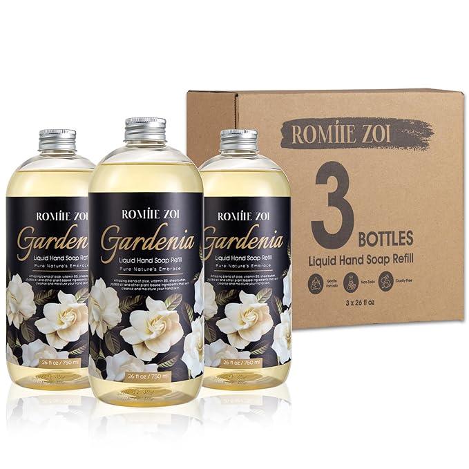 ROMIIE ZOI Hand Soap Refills, Gardenia Liquid Hand Soap, Large 750 ML / 26 FL OZ Bottles (Pack of 3), Gentle & Moisturizing Formula, Natural & Cruelty-Free for Kitchen and Bathroom Soap Dispensers - ModernBath