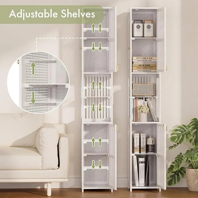 Amazer 70'' Tall Bathroom Storage Cabinet Bamboo, Slim Storage Cabinet with Rattan Door and Adjustable Shelves, Narrow Freestanding Organizer for Living Room Kitchen, White - ModernBath