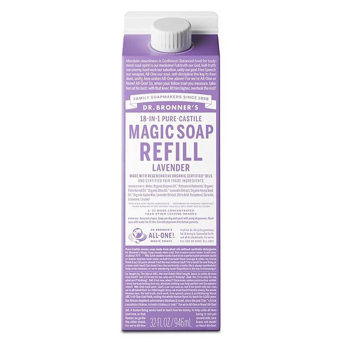 Dr. Bronner's Pure-Castile Liquid Magic Soap Refill - Made with Regenerative Organic Certified Oils, 86% Less Plastic per Quart - 18-in-1 Uses for Face, Body Wash, Hand Soap Refill- Lavender, 32oz - ModernBath