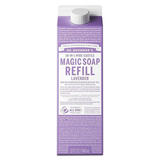 Dr. Bronner's Pure-Castile Liquid Magic Soap Refill - Made with Regenerative Organic Certified Oils, 86% Less Plastic per Quart - 18-in-1 Uses for Face, Body Wash, Hand Soap Refill- Lavender, 32oz - ModernBath