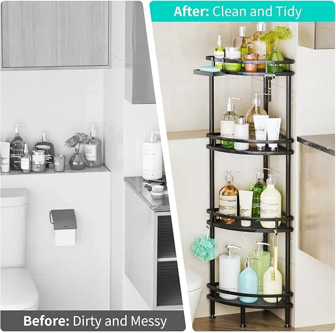HapiRm Standing Corner Shower Caddy - 4 Tier Shower Organizer Corner with Soap Holder and 4 Hooks, Rustproof Bathroom Storage Shelves with Adhesives, Black - ModernBath