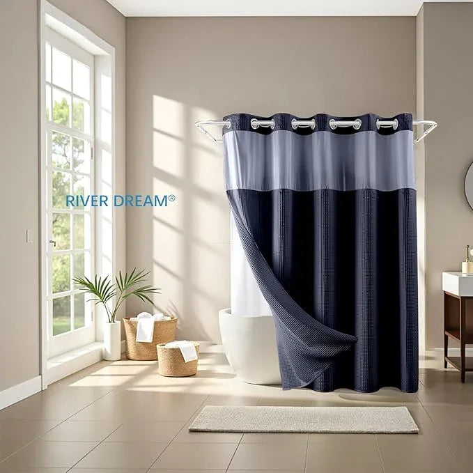 River Dream Navy Blue Fabric Shower Curtain Set, Cotton Blend, Waffle Weave, with Snap in Replacement Liner，71 x 74 inches - ModernBath