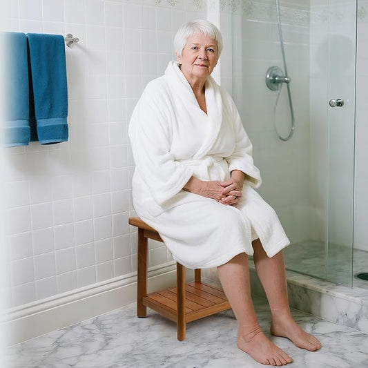 14" Teak Shower Stool with Storage Shelf, Non-Slip Waterproof Wooden Shower Chair, Compact Bathroom Bench and Shower Seat for Tub or Indoor Use, Ideal for Elderly, Recovery and Everyday Use