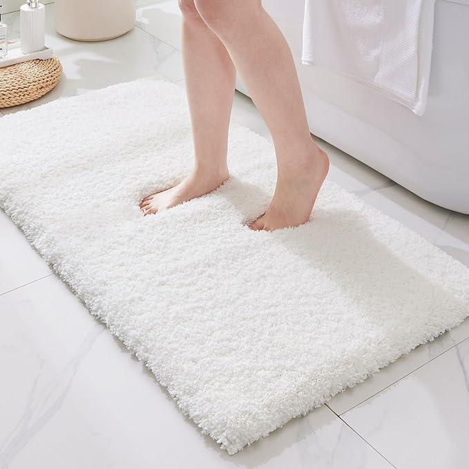 ILANGO White Bathroom Rugs 48" × 24" Non Slip & Super Absorbent Extra Thick Soft, Washable Bath Mat for Floor, Microfiber Plush Shaggy Bath Rug with Rubber for Bathtub Shower Room Sink - ModernBath