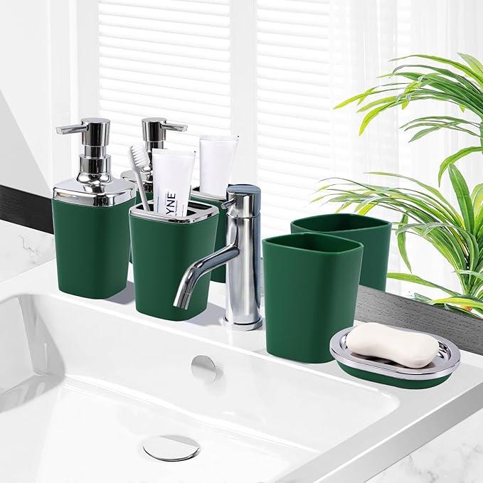XLHOMO Dark Green Bathroom Accessories Set, Bathroom Sets with Shower Curtain, Green Bathroom Accessories with Trash Can, Soap Dispenser, Soap Dish, Toilet Brush Holder, Qtip Holders for Bathroom - ModernBath