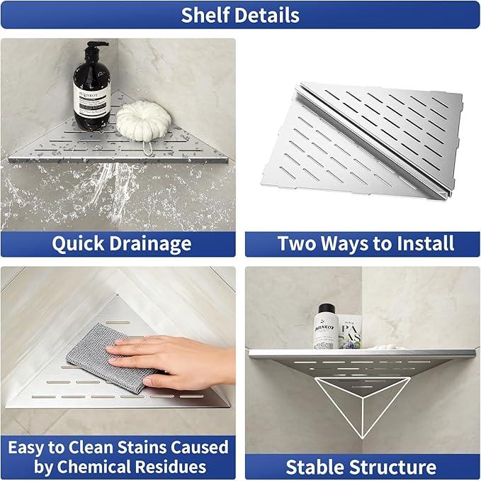 Corner Shower Shelf, 12" Brushed 304 Stainless Steel Slot Design Recessed Corner Shelves 2 Pack Bathroom Grout in Shelf for Tiled Wall, Large Size - ModernBath