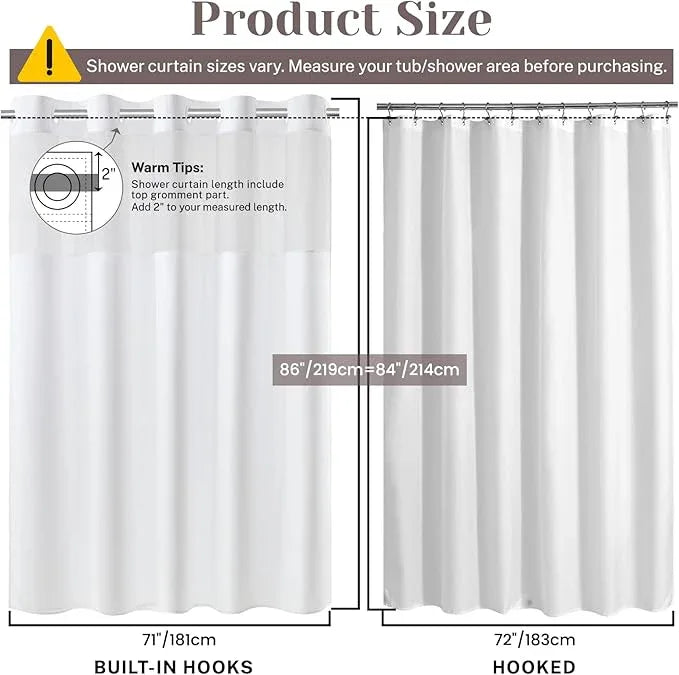 SORTTO No Hook Slub Textured Shower Curtain with Snap in Liner - White Fabric Outer Curtain & Waterproof Inner Liner, Hotel Style with See Through Top Window, 71x86 in - ModernBath