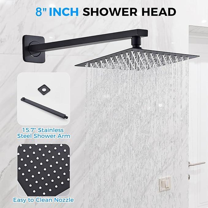Shower Faucet Set Matte Black Complete Shower System with 8 Inches Rain Shower Head and Handheld Spray Bathroom Rain Shower Faucet Set Rainfall Shower System with Shower Valve（RY3-LYQ2-Black） - ModernBath