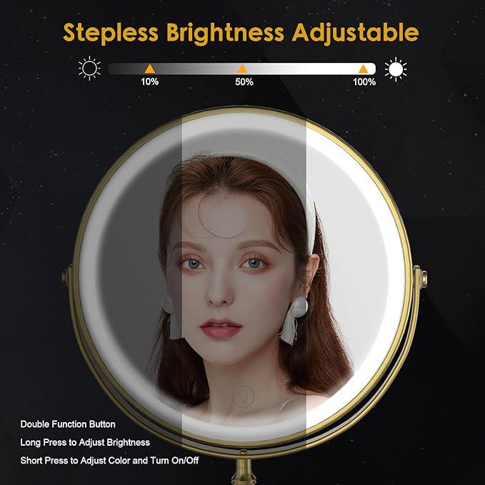 Lighted Makeup Mirror, 3000 mAh Rechargeable Double Sided Magnifying Vanity Mirror with 3 Colors, 1x/10x, 360° Rotation , Brightness Adjustable Magnification Cosmetic Light up Mirror, Women Gift - ModernBath