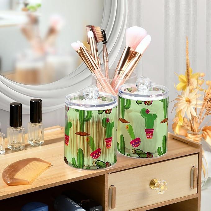 Tatenale Qtip Holder Bathroom Set Q tip Cotton Ball Swab Pad Dispenser Container Organizer Plastic Jars with Lids Storage 2Pack Mexican Cacti Green - ModernBath