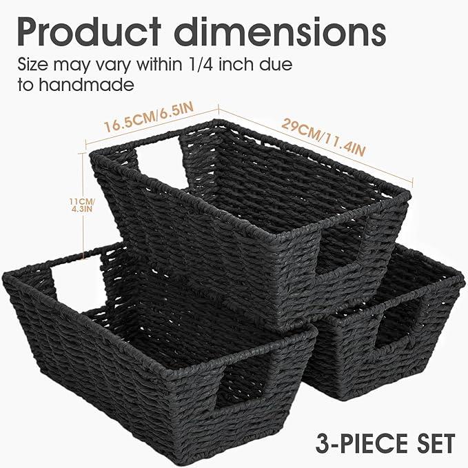 Paper Rope Storage Baskets for Shelves Organizing, Small Hand Woven Wicker Organizer Basket with Handle for Bathroom Toilet Paper Storage, Black, 3-Pack - ModernBath