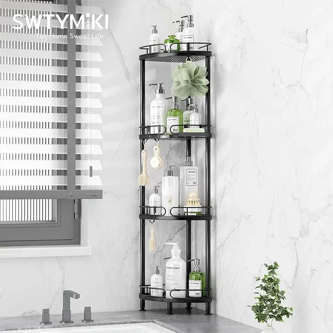 SWTYMIKI Corner Shower Caddy Standing - 4 Tier Stainless Steel Shower Organizer Stand with 4 Hooks & Soap Holder, Rustproof Metal Standing Tall Floor Shower Shelf and Bathroom Organizer, Black - ModernBath