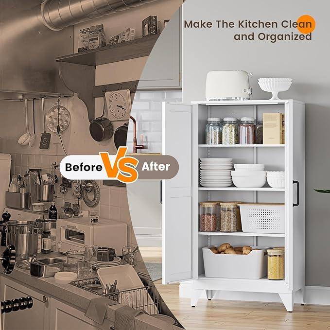 Yizosh Metal Storage Cabinet with 2 Doors and 3 Adjustable Shelves - 47" White Kitchen Pantry Storage Cabinet Locker for Kitchen,Living Room,Dining Room - ModernBath