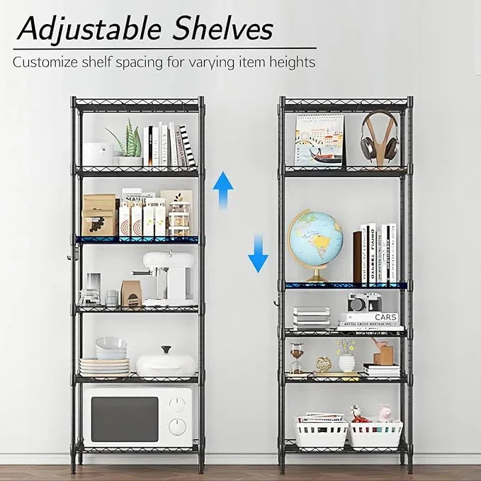 Homdox 6-Tier Storage Shelf Wire Shelving Unit Free Standing Rack Organization Adjustable Leveling Feet, Stainless Side Hooks, Black - ModernBath