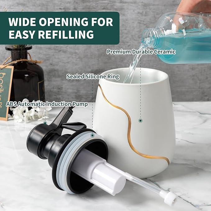 BosilunLife Automatic Foaming Soap Dispenser - Battery Operated Foam Hand Soap Electric Dispenser for Bathroom Ceramic Smart Auto Dish Soap Dispenser for Kitchen Waterproof, White,17 oz - ModernBath