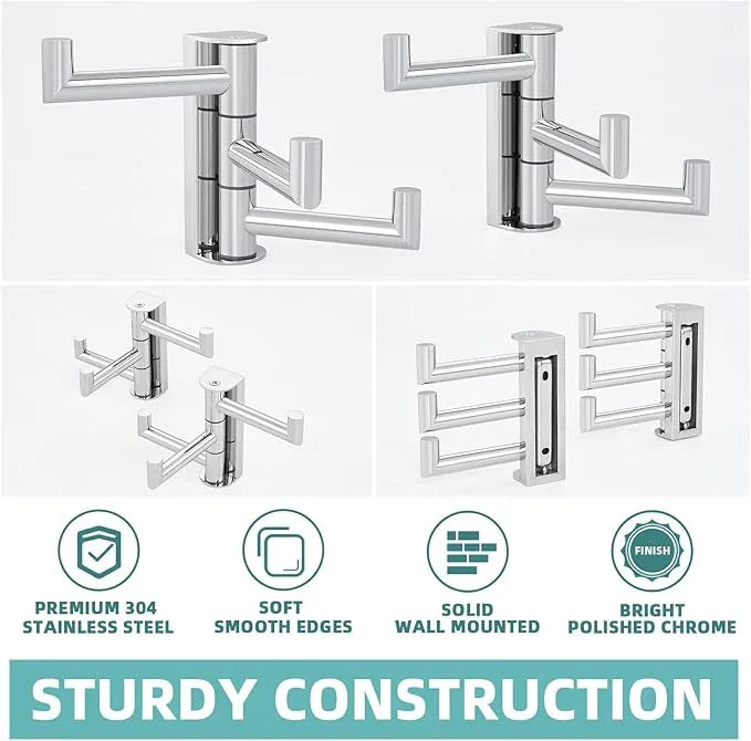 APLusee Polished Chrome Swivel Towel Hook 2 Pack, 304 Stainless Steel Coat Hook with 3 Arms, Wall Mounted - ModernBath