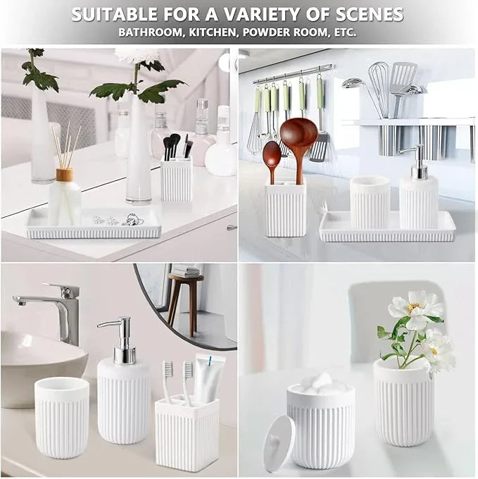 XLHOMO Resin White Bathroom Accessories Set 5 Pcs, Lotion Soap Dispenser, Toothbrush Holder, Bathroom Tumbler, Qtip Holder and Vanity Tray, Bathroom Countertop Organizer Set for Modern Home Apartment - ModernBath