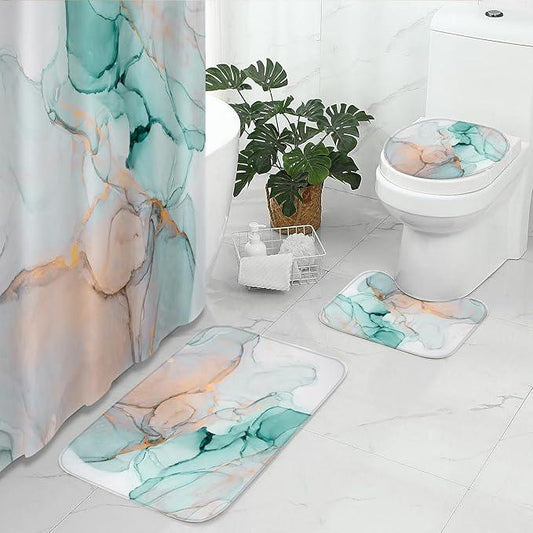 Gibelle 4 Pcs Bathroom Shower Curtain Set with Non-Slip Rugs, Toilet Lid Cover and Bath Mat, Grey Teal Marble Bathroom Decor Set with Shower Curtain and Rugs and Accessories - ModernBath
