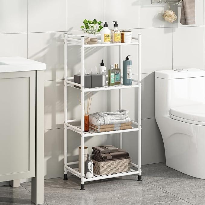 4 Tier Bathroom Storage Open Shelf Unit, Free-Standing Metal Corner Rack Shelving for Kitchen, Living Room, Hallway (White, Wider 4 Tier) - ModernBath