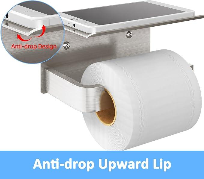 Toilet Paper Holder with Phone Shelf, Brushed Nickel Toilet Paper Holder Wall Mount, Rustproof Stainless Steel Bathroom Storage - ModernBath