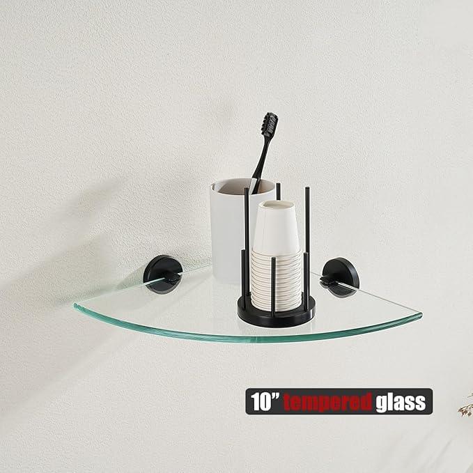 JQK Corner Glass Shelf Black, Bathroom 304 Stainless Steel Shower Triangle Floating Wall Shelf, 10 x 10 Tempered Glass, 2 Pack, TGS190L10-PB-P2 - ModernBath
