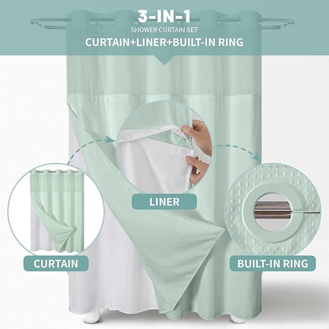 eachope MintGreen Extra Long No Hook Waffle Weave Shower Curtain with snap-in Liner Replacement, 230GSM Waterproof Fabric Hotel Shower Curtain Set for Bathroom, Through Mesh Top Window,71Wx86H - ModernBath