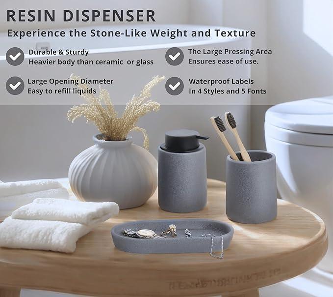 Clasin Home Grey Bathroom Accessories Set, 3 Pcs Resin Bathroom Accessories Complete Set, Sandstone Look Soap Dispenser with Large Pump, Toothbrush Cup, Soap Dish for Modern Home Decor and Kitchen - ModernBath