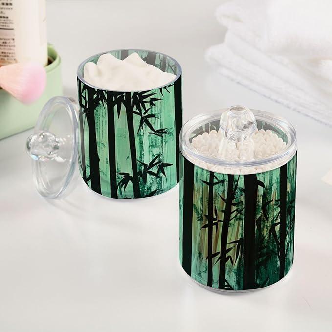 Qtip Holder Bathroom Set Q tip Cotton Ball Swab Pad Dispenser Container Organizer Plastic Jars with Lids Storage 2Pack Watercolor Green Bamboo Forest Silhouette - ModernBath