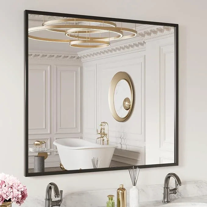 LOAAO 40"X36" Black Rectangle Bathroom Mirror Wall, Matte Black Aluminum Alloy Frame, Tempered Glass, Hangs Vertically or Horizontally, Easy to Install - ModernBath