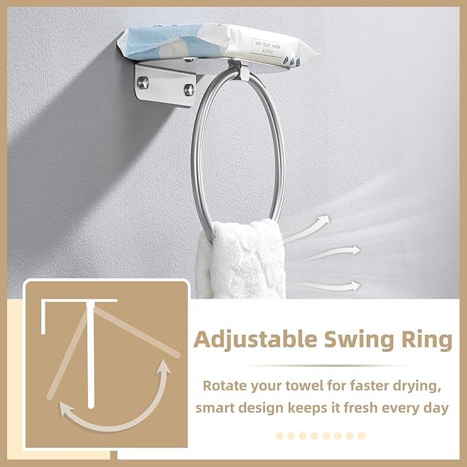 APLusee Towel Ring with Shelf Brushed Nickel, 304 Stainless Steel Rustproof Wall Mounted Holder, Space-Saving Storage for Hand Towels & Bathroom Essentials - ModernBath