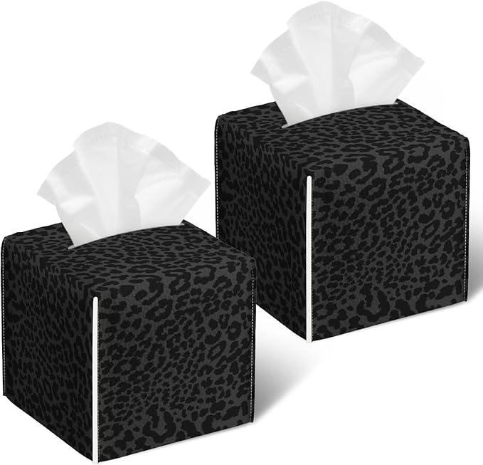 Black Leopard Tissue Box Cover 2PCS, Leather Tissue Box Holder Square Facial Paper Case Tissue Box Cube Organizer for Bathroom Bedroom Desk Office - ModernBath