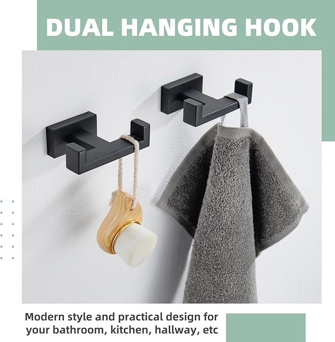 APLusee Double Bath Towel Hook 2 Pack, 304 Stainless Steel Square Dual Coat Holder, Modern Bathroom Kitchen Storage Hanger Wall Mounted, Matte Black - ModernBath