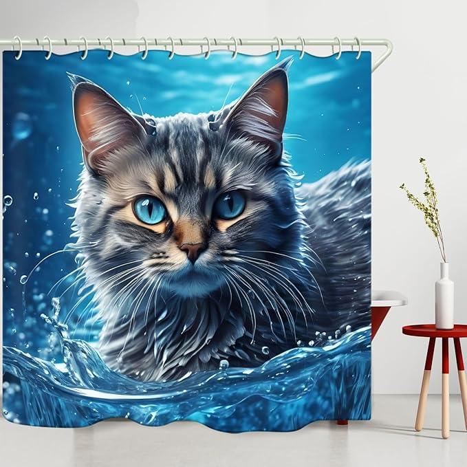 LYFANS Bathroom with Sea Cat 3D Shower Curtains, Luxury Bathtub Standard Shower Curtain, Waterproof and Bright Fabric Shower Curtain Size (72x72 Inches) - ModernBath