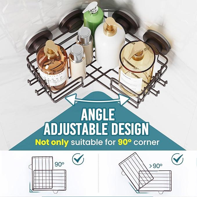 TAILI 2 Pack Powerful Suction Cup Shower Caddy Corner-adaptive, Stainless Steel Rustproof Shower Shelves with Hook, Drill-Free Wall Suction Baskets, Large Capacity Removable Bathroom Organizer, Brown - ModernBath