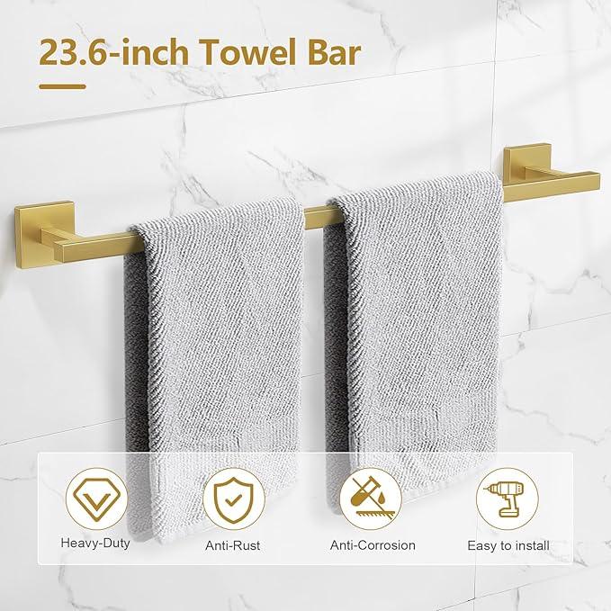 TQKAG 5-Pieces Brushed Gold Bathroom Hardware Accessories Set 23.6" SUS304 Stainless Steel Towel Bar Set Wall Mounted Square Toilet Paper Holder with Shelf - ModernBath