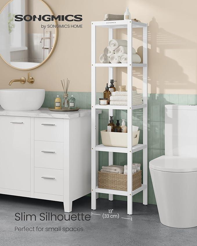SONGMICS Bamboo Storage Shelf, 5-Tier Shelving Unit, Multifunctional, in The Entryway, Bathroom, Living Room, Balcony, Kitchen, 13 x 13 x 57.5 Inches, Cloud White UBCB055W01 - ModernBath